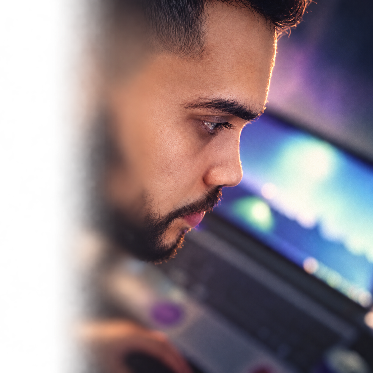 Cinematic portrait of Lauro Guedes working at a laptop