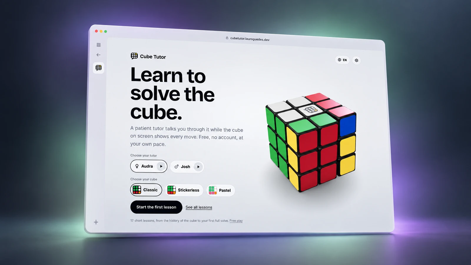 Cube Tutor interface with a colorful interactive 3D cube and narrated lesson controls